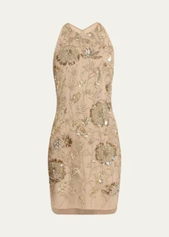 Aidan MattoxFloral Bead & Sequin Halter Mini Dress