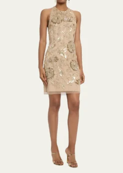 Aidan MattoxFloral Bead & Sequin Halter Mini Dress