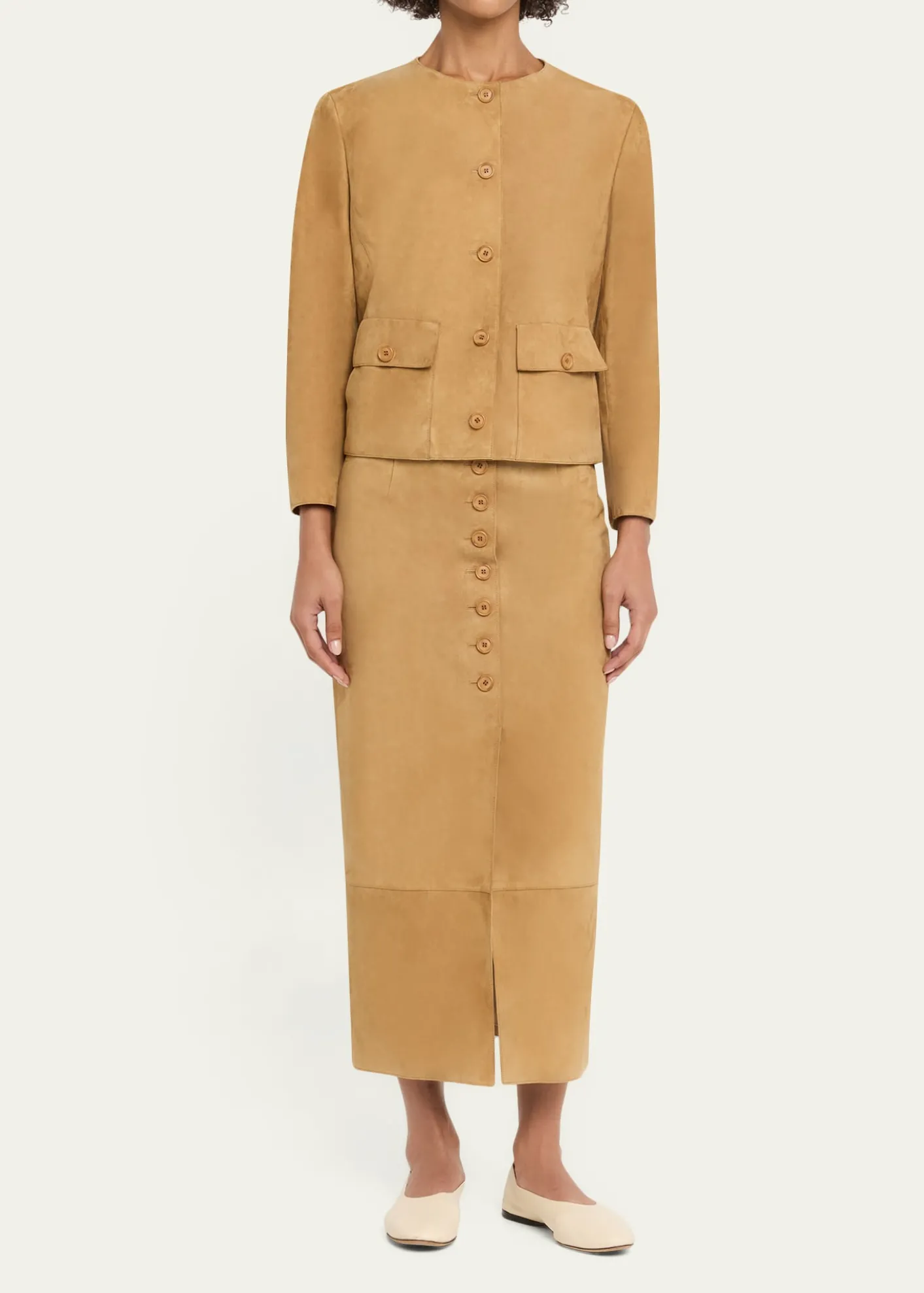 AkrisCollarless Suede Single-Breasted Jacket
