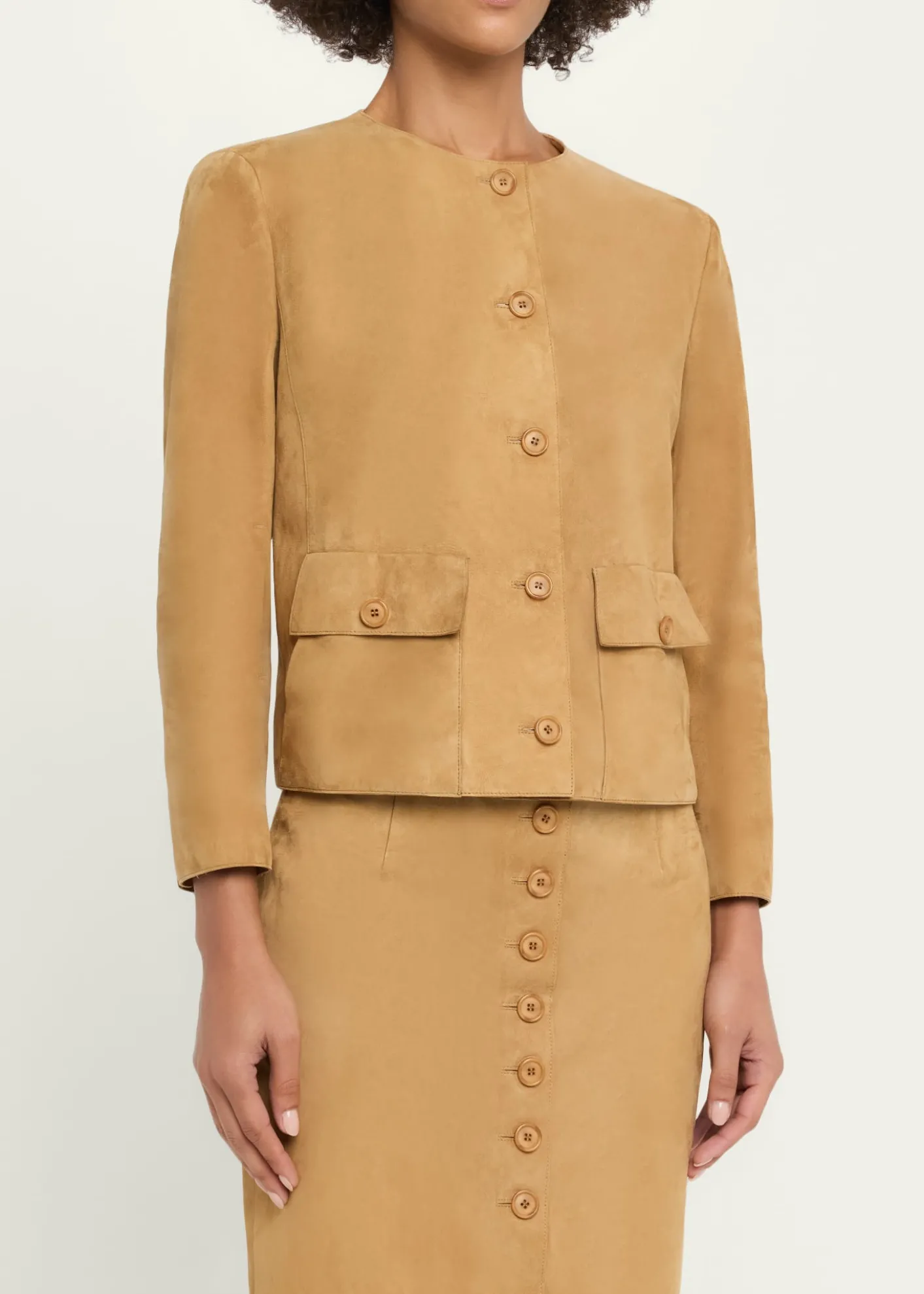 AkrisCollarless Suede Single-Breasted Jacket