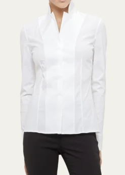 AkrisLong-Sleeve Notched-Collar Poplin Blouse