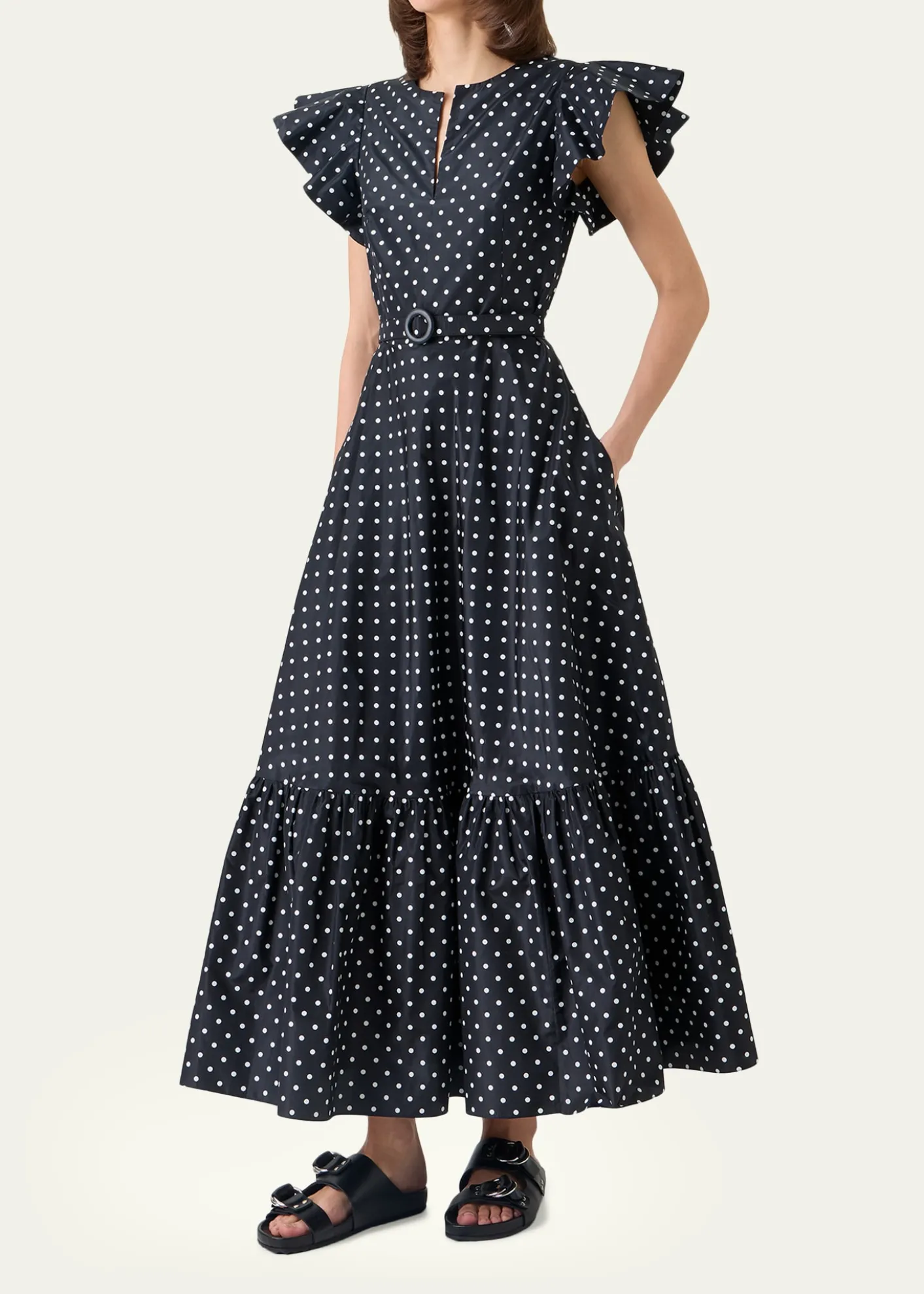 Akris puntoBelted Polka Dot Flutter-Sleeve Dress
