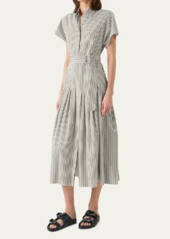 Akris puntoCap-Sleeve Belted Cotton Poplin Pleated Midi Shirtdress