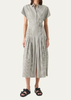 Akris puntoCap-Sleeve Belted Cotton Poplin Pleated Midi Shirtdress