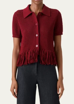Akris puntoChunky Cotton Mesh Knit Fringed Collared Cardigan