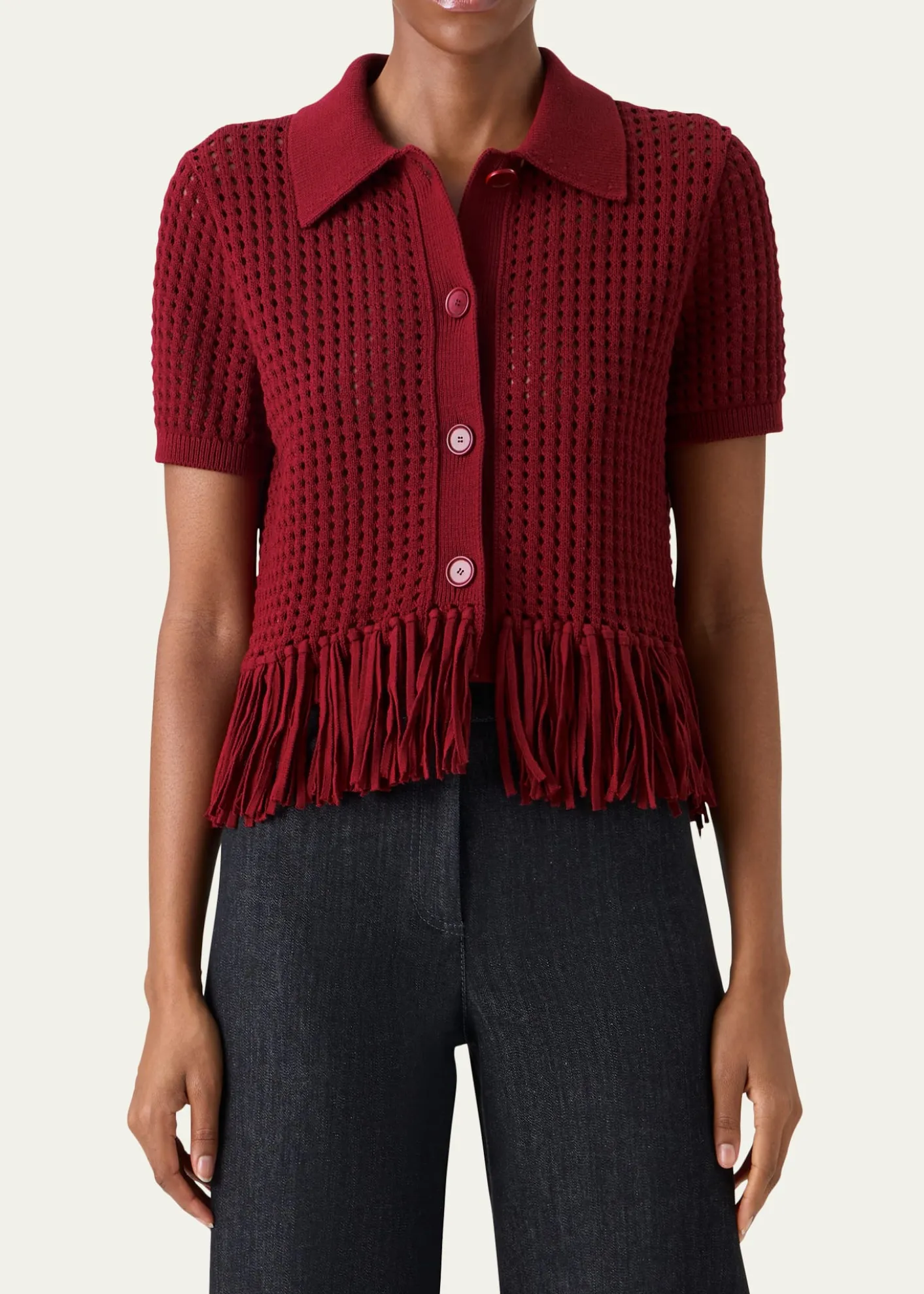 Akris puntoChunky Cotton Mesh Knit Fringed Collared Cardigan