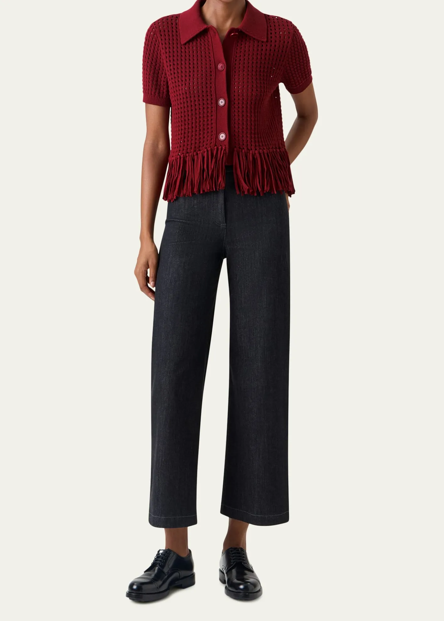 Akris puntoChunky Cotton Mesh Knit Fringed Collared Cardigan