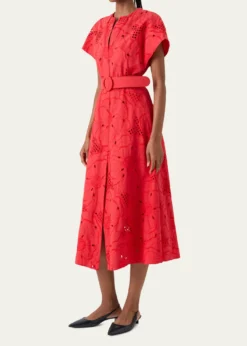 Akris puntoFloral Eyelet Embroidered Short-Sleeve Belted Midi Dress