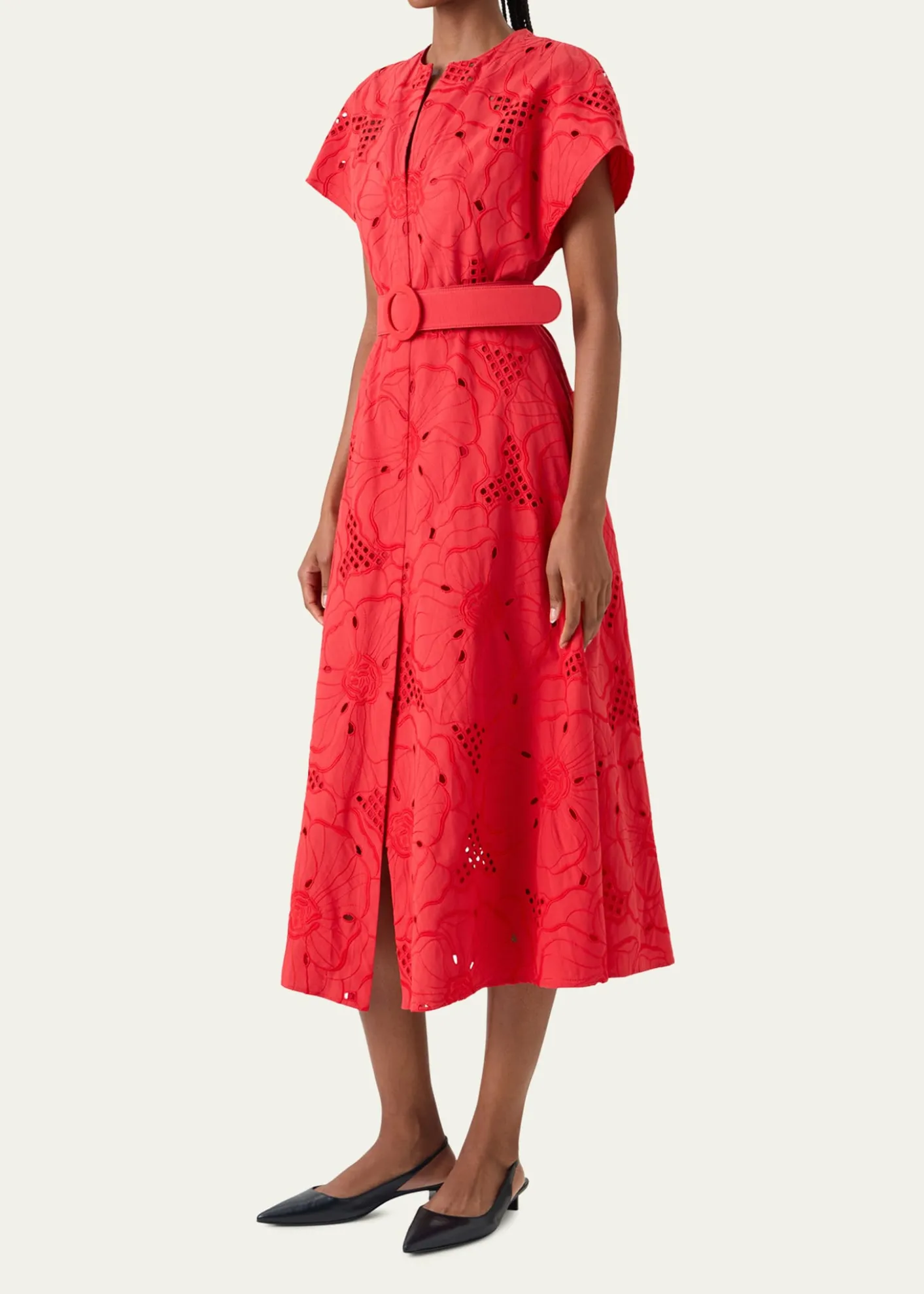 Akris puntoFloral Eyelet Embroidered Short-Sleeve Belted Midi Dress