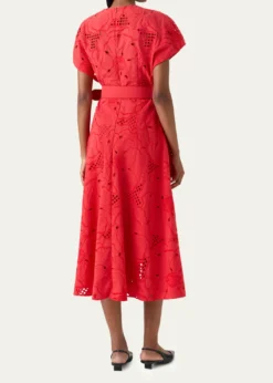 Akris puntoFloral Eyelet Embroidered Short-Sleeve Belted Midi Dress