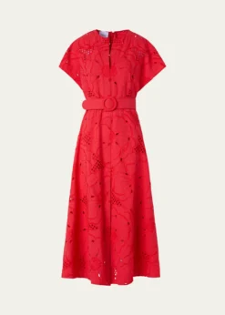 Akris puntoFloral Eyelet Embroidered Short-Sleeve Belted Midi Dress