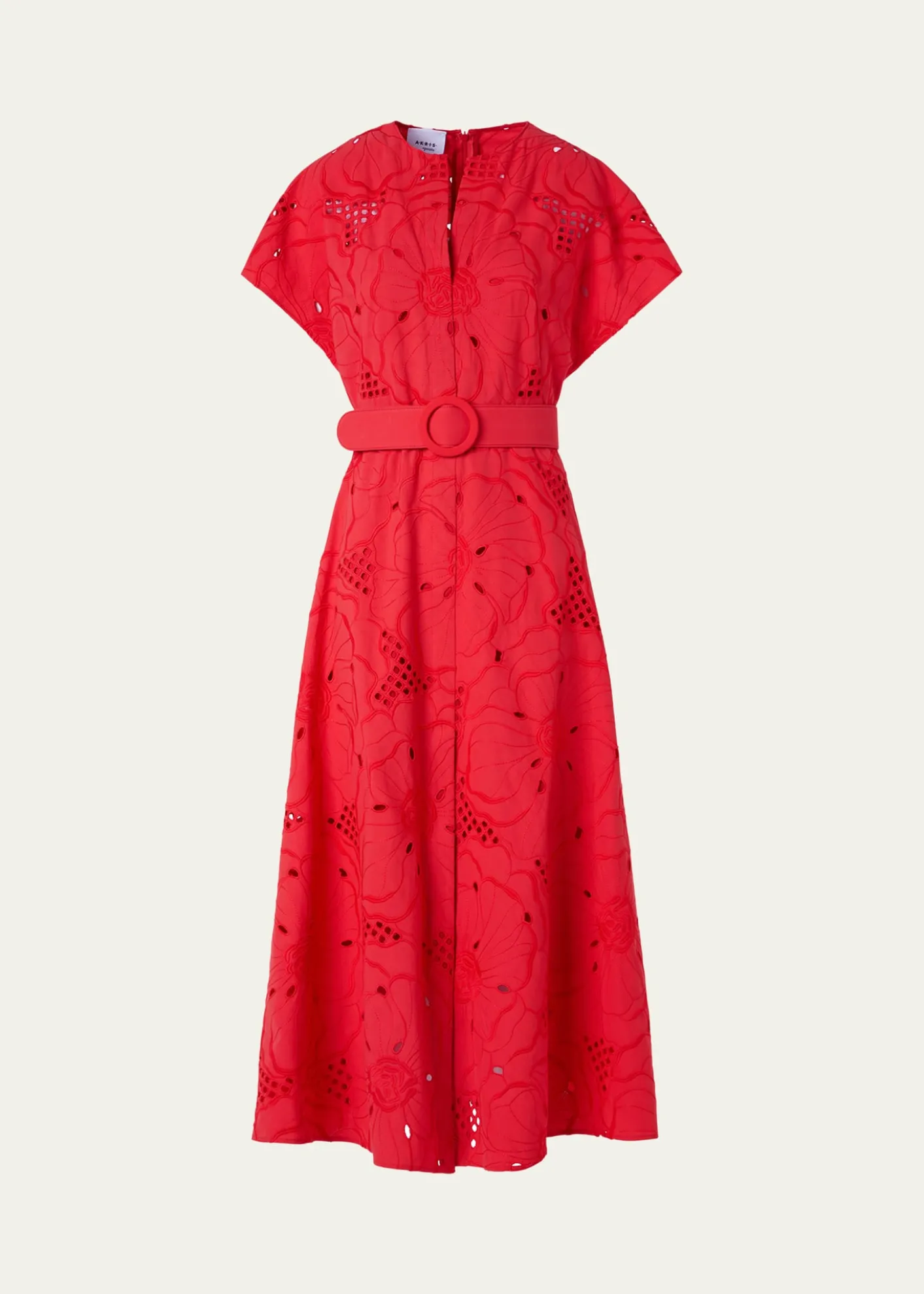 Akris puntoFloral Eyelet Embroidered Short-Sleeve Belted Midi Dress