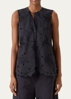 Akris puntoFlower Eyelet Embroidered Cotton Poplin Tunic Blouse