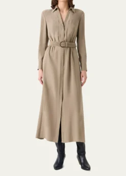 Akris puntoLong-Sleeve Belted Viscose Twill Midi Shirtdress