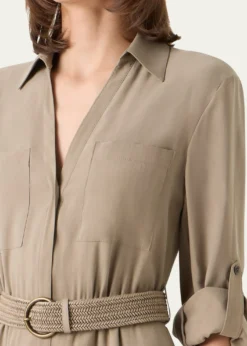 Akris puntoLong-Sleeve Belted Viscose Twill Midi Shirtdress