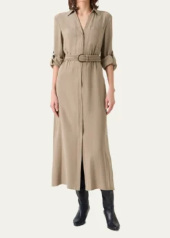Akris puntoLong-Sleeve Belted Viscose Twill Midi Shirtdress