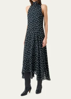 Akris puntoMock-Neck Polka-Dot Viscose Georgette Handkerchief Midi Dress