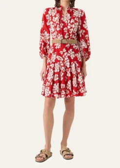 Akris puntoPapercut Flower-Print Crepe Balloon-Sleeve Belted Dress