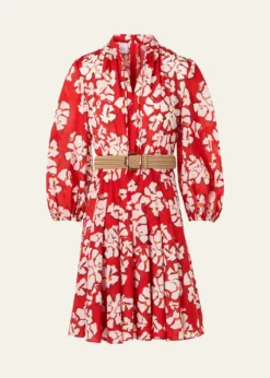 Akris puntoPapercut Flower-Print Crepe Balloon-Sleeve Belted Dress