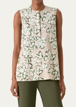 Akris puntoPapercut Flower Print Cotton Poplin Sleeveless Tunic Blouse