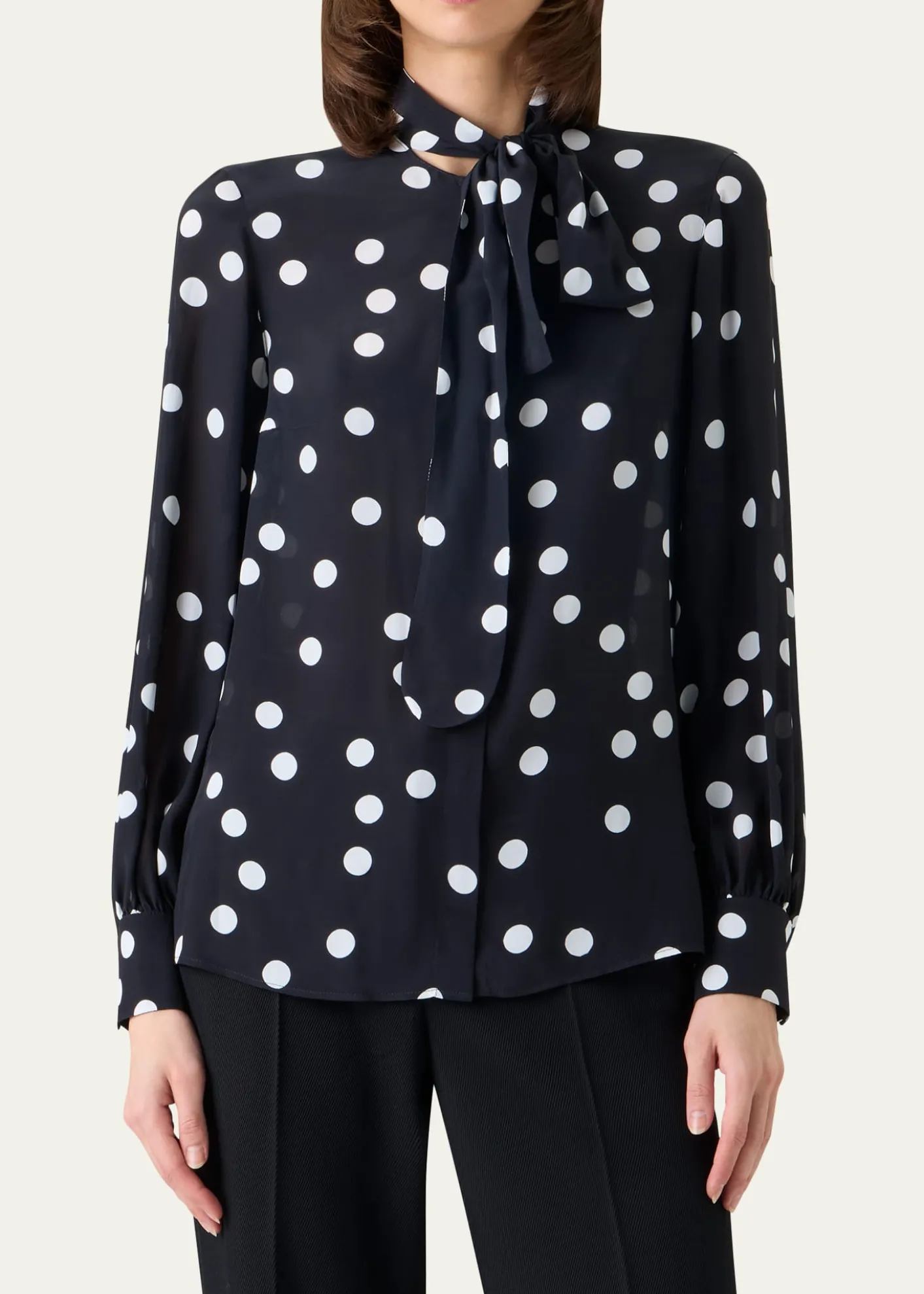 Akris puntoPolka Dot-Print Georgette Neck-Bow Blouse