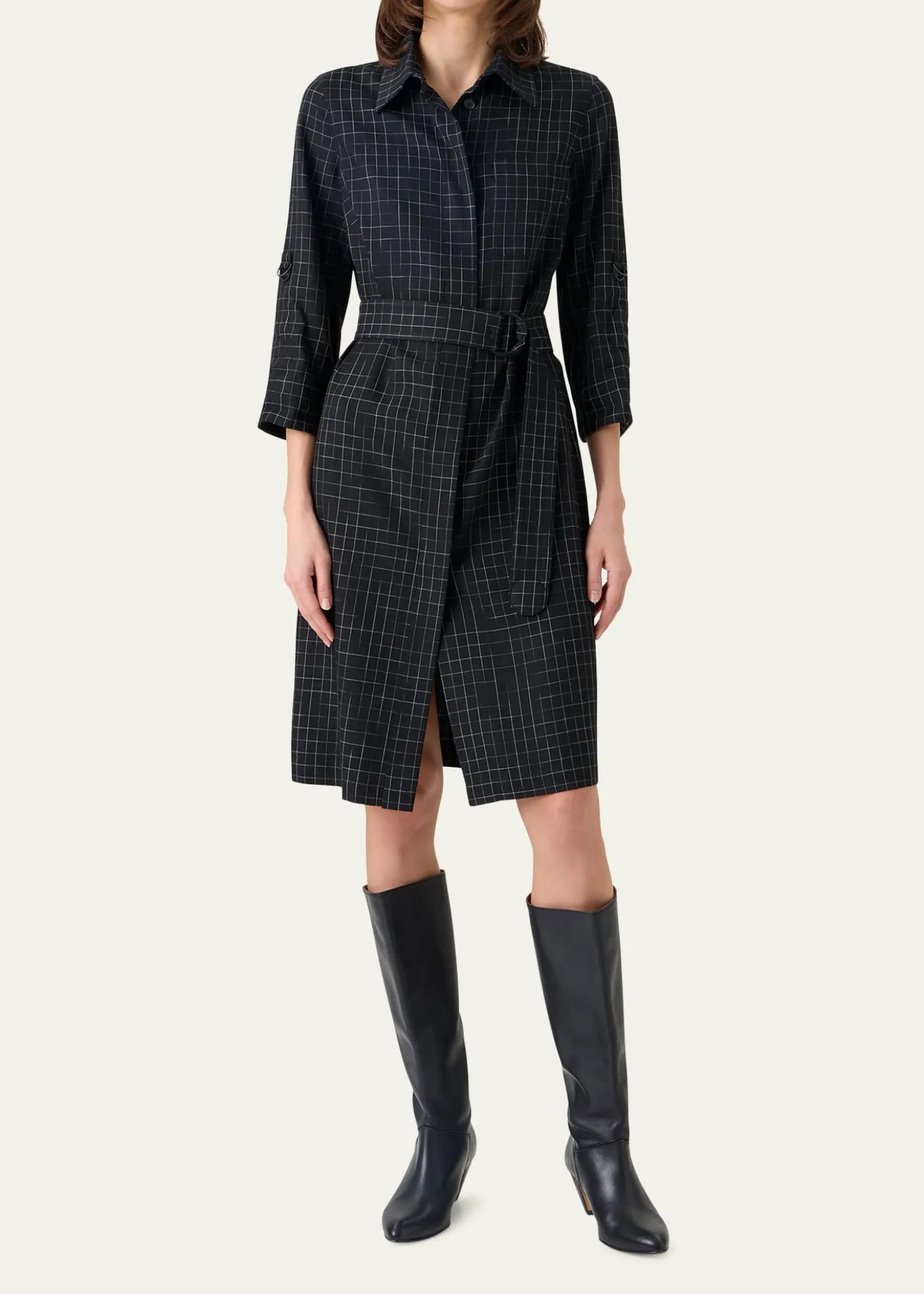 Akris puntoSquared Grid Belted Shirtdress