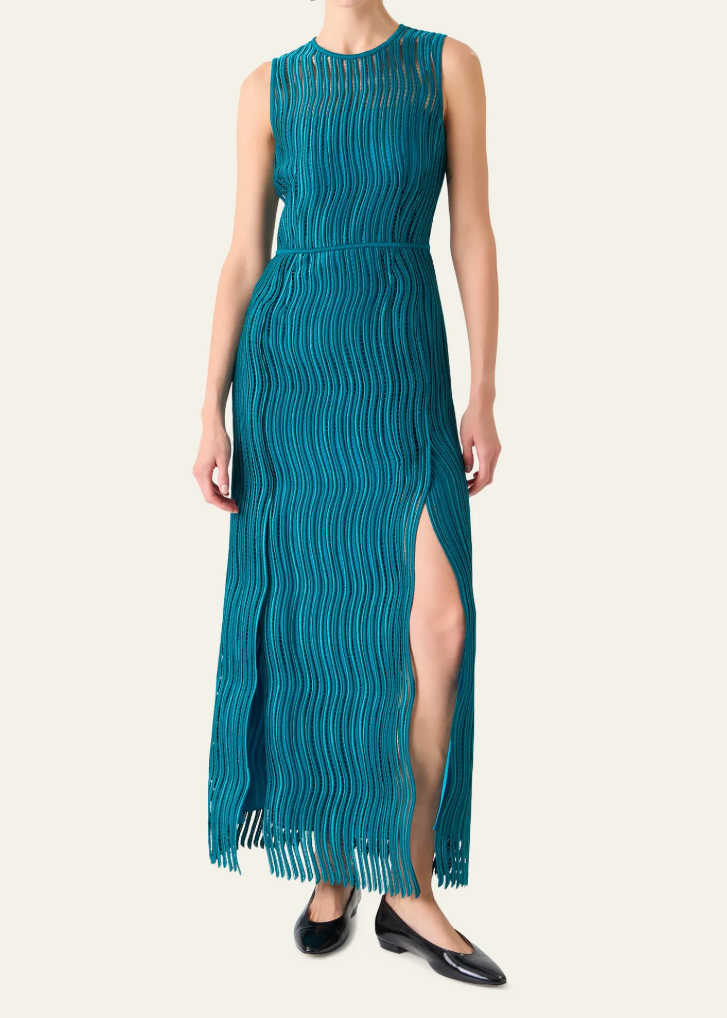 AkrisSleeveless Techno Wave Guipure Side-Slits Gown