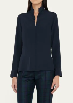AkrisSplit-Neck Silk Button-Front Blouse