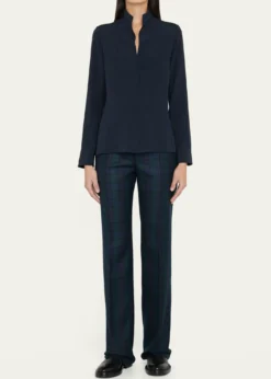AkrisSplit-Neck Silk Button-Front Blouse
