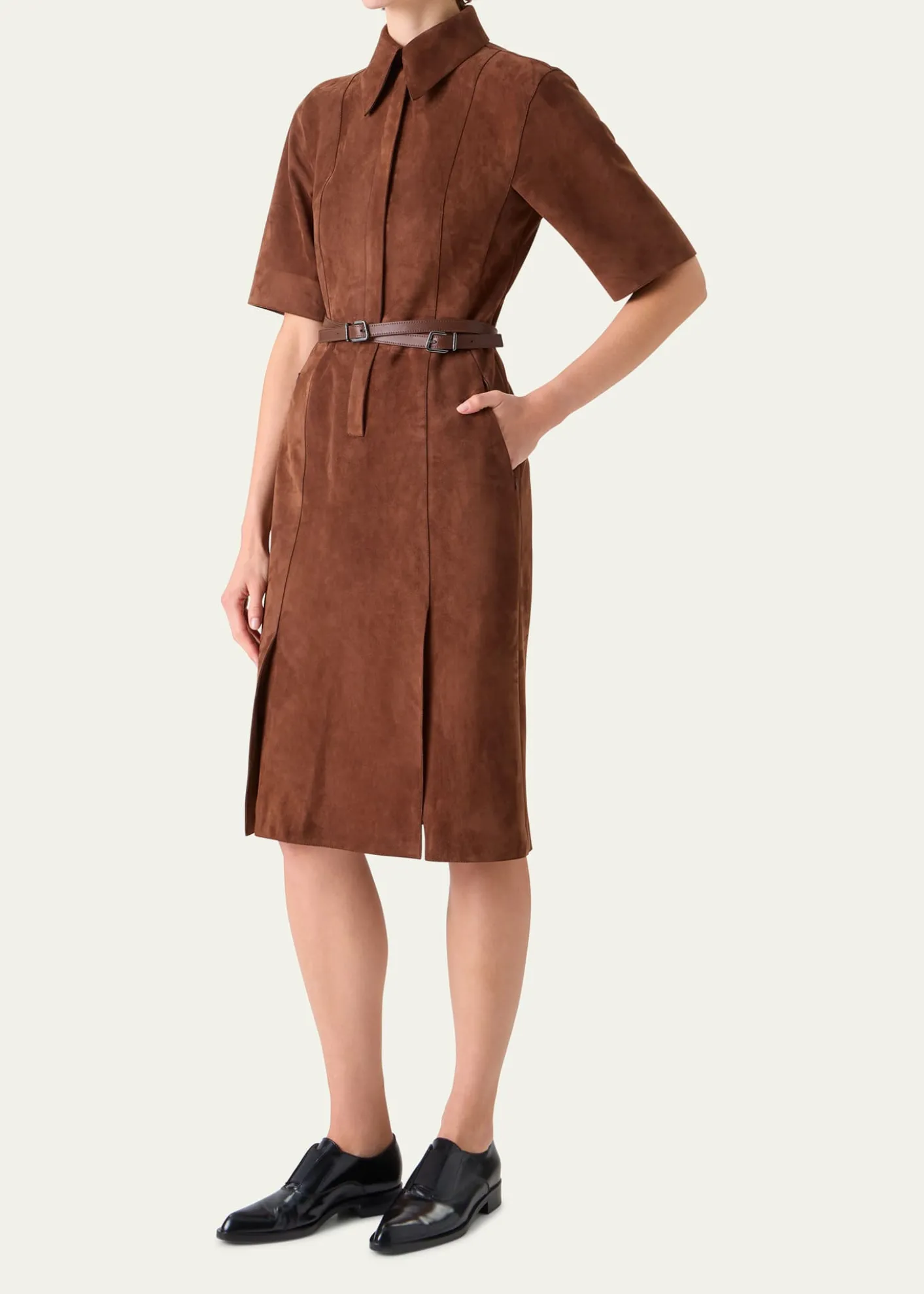 AkrisSuede Belted Midi Shirtdress