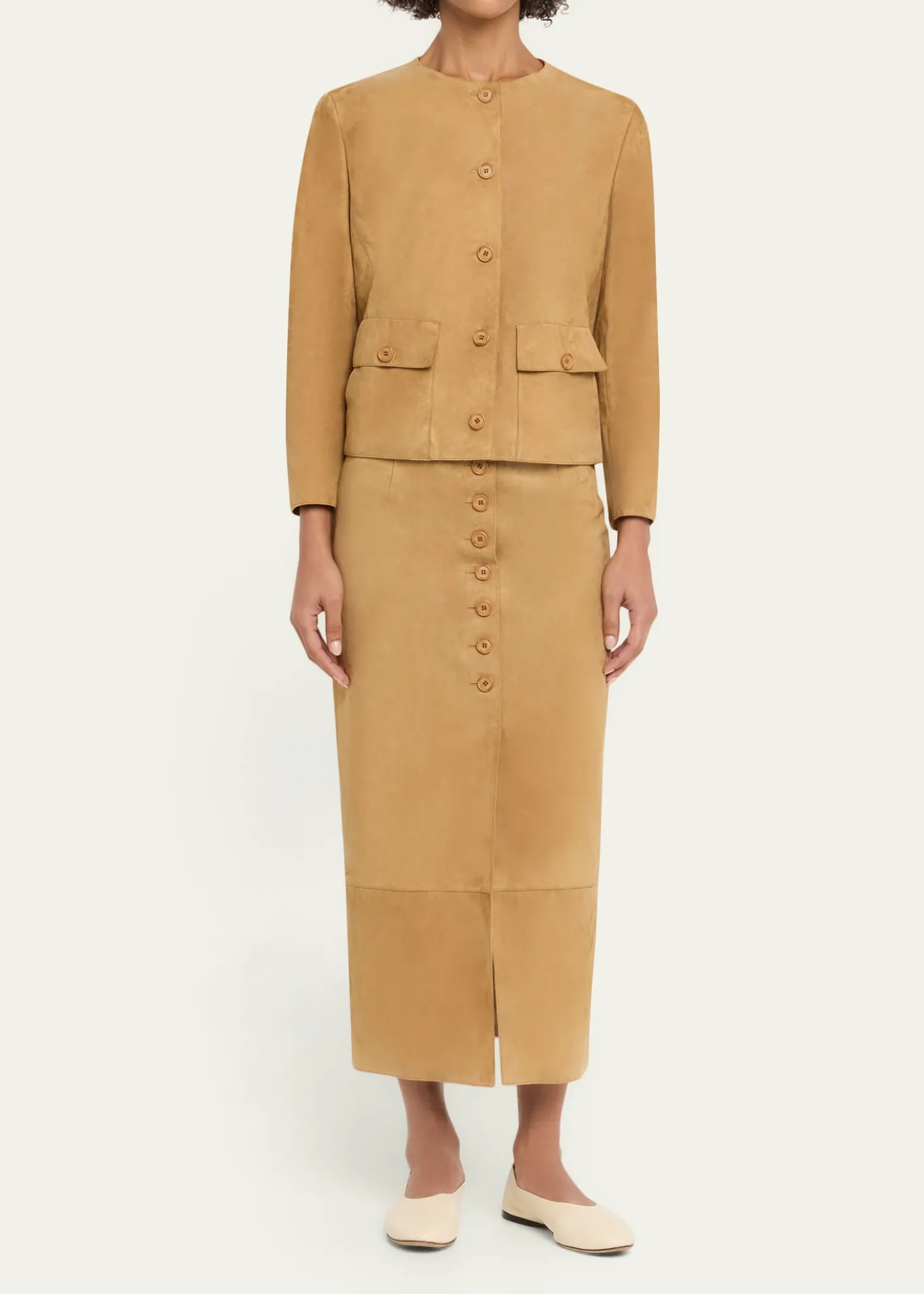 AkrisSuede Button-Front Midi Skirt