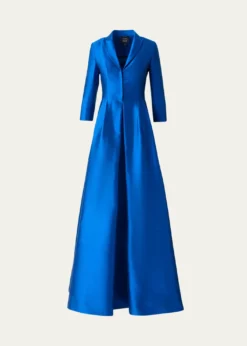 AkrisThree-Quarter Sleeve Flared Long Silk Coat Dress