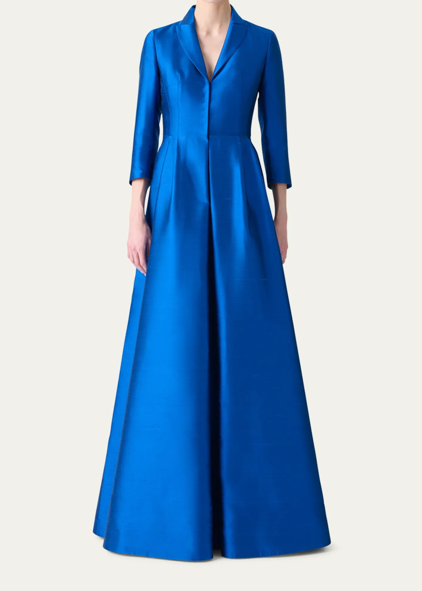 AkrisThree-Quarter Sleeve Flared Long Silk Coat Dress