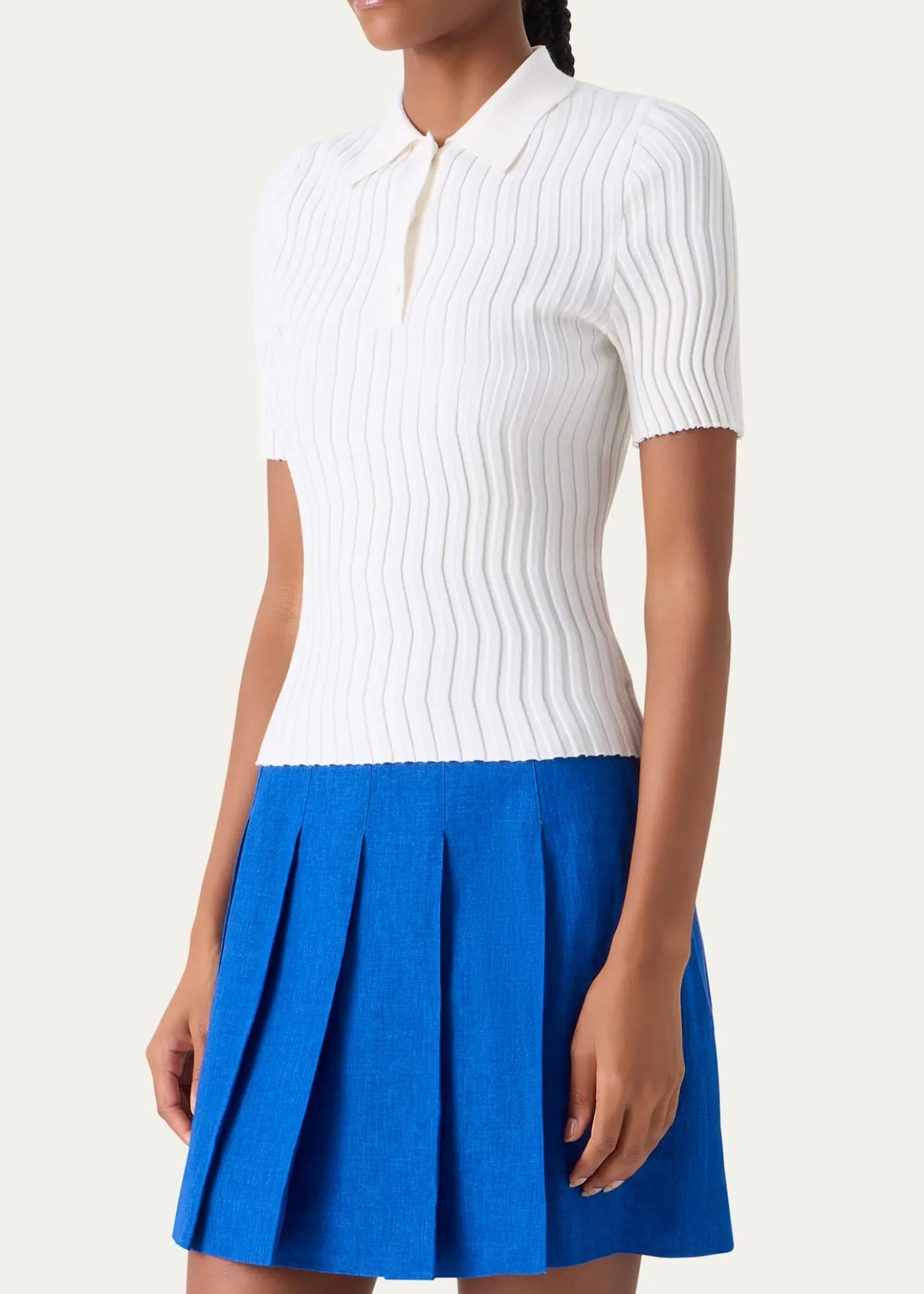 AkrisZigzag Rib Knit Short-Sleeve Polo Sweater