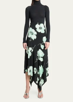 ALAIAAsymmetric Floral-Print Jersey Midi Skirt