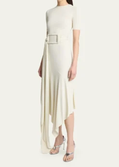 ALAIAAsymmetric Fluid Jersey Belted Midi Dress