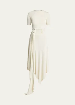 ALAIAAsymmetric Fluid Jersey Belted Midi Dress