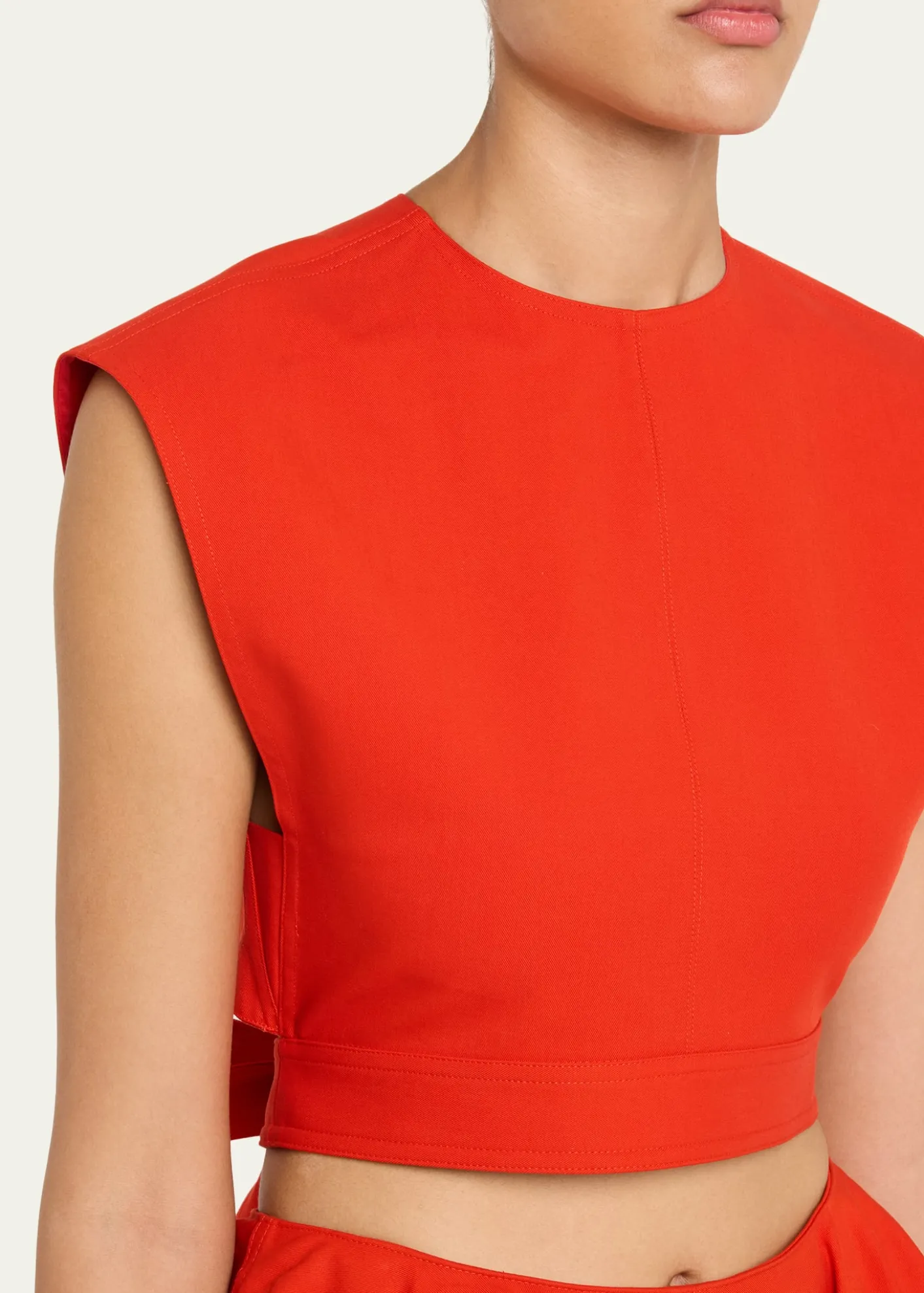 ALAIACap-Sleeve Belted Cotton Gabardine Crop Top