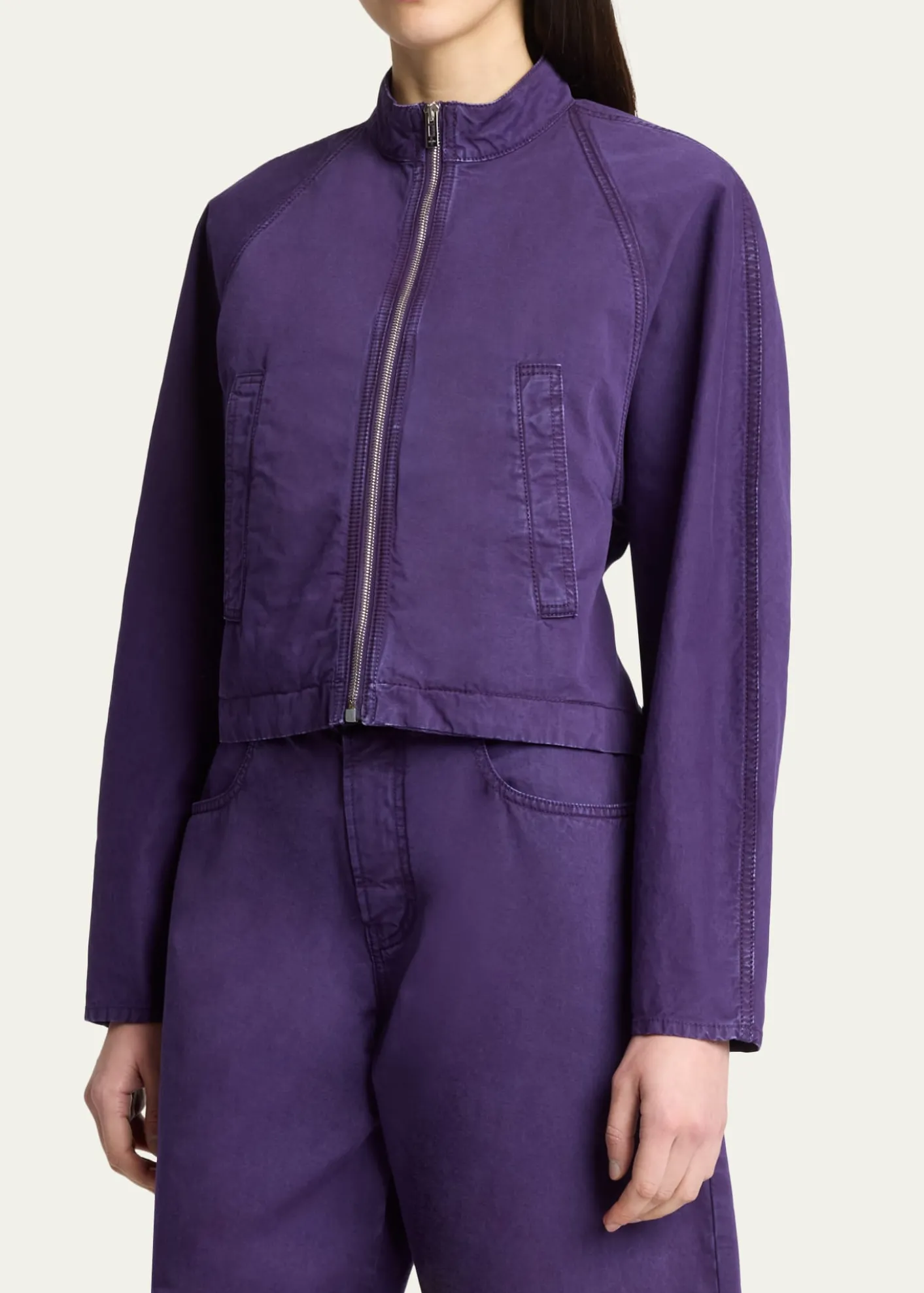 ALAIACurved-Sleeve Denim Zip Jacket