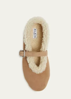 ALAIAMerino Suede Shearling Mary Jane Ballerina Flats