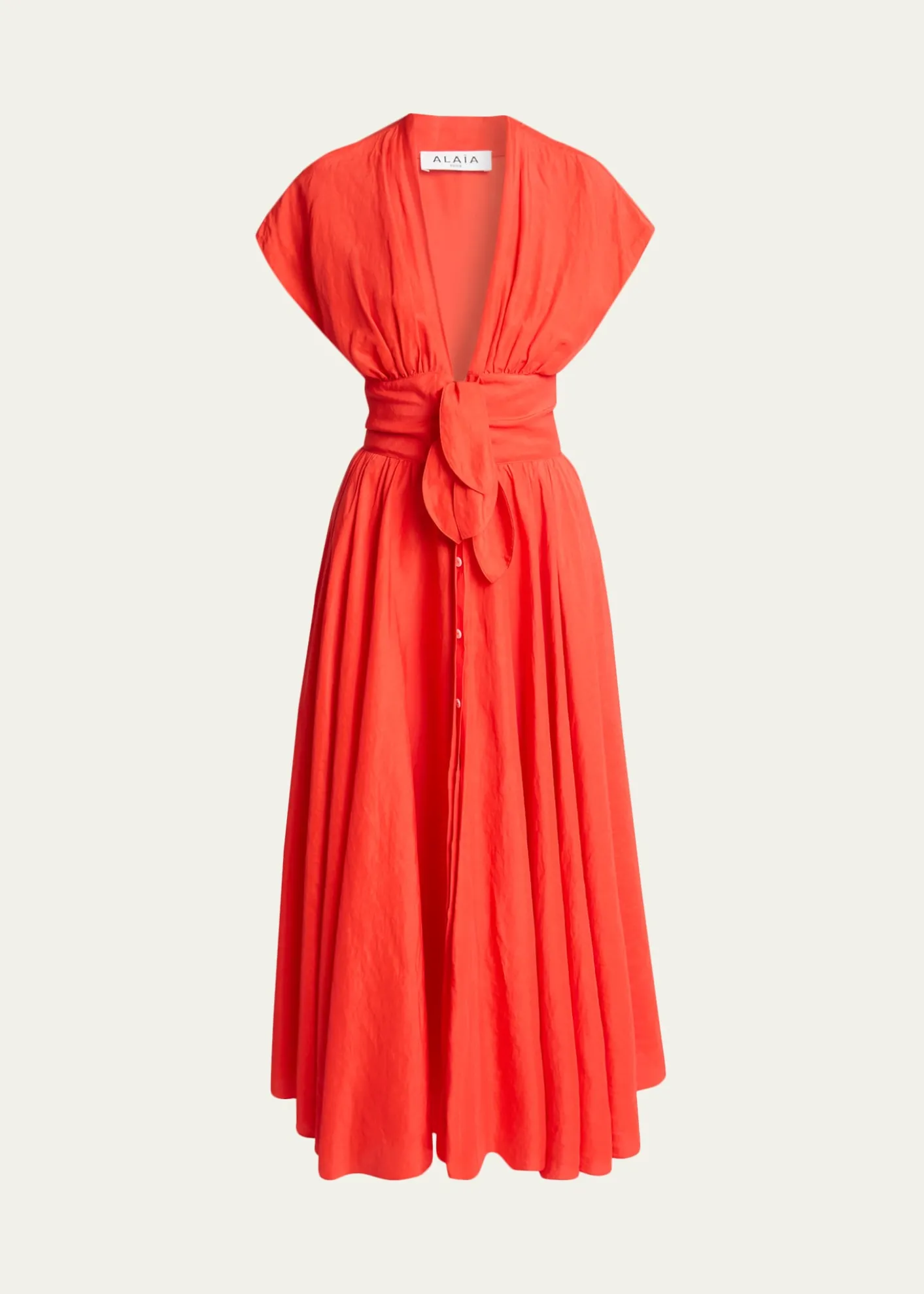 ALAIAPlunging Belted Linen Midi Dress