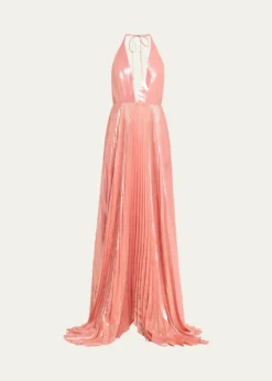 ALICE + OLIVIAAdalyn Pleated Metallic Halter Maxi Dress