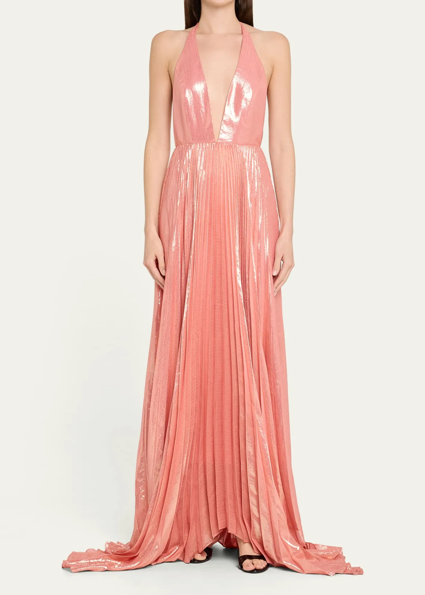 ALICE + OLIVIAAdalyn Pleated Metallic Halter Maxi Dress
