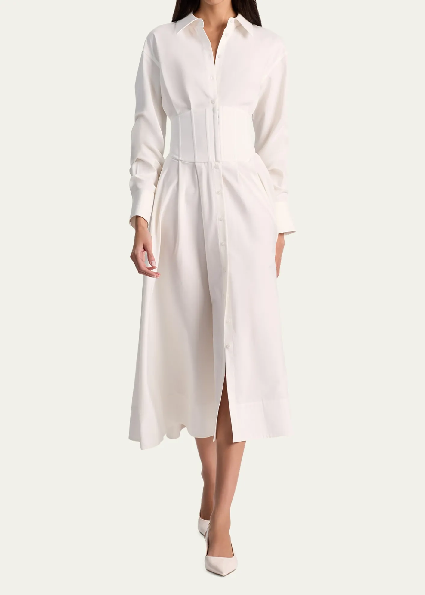 ALICE + OLIVIAEdie Corset Button-Front Midi Shirtdress
