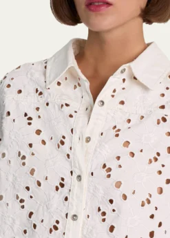 ALICE + OLIVIAFinely Laser-Cut Denim Cropped Shirt