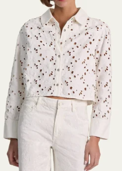 ALICE + OLIVIAFinely Laser-Cut Denim Cropped Shirt