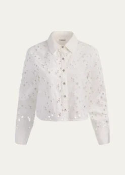 ALICE + OLIVIAFinely Laser-Cut Denim Cropped Shirt