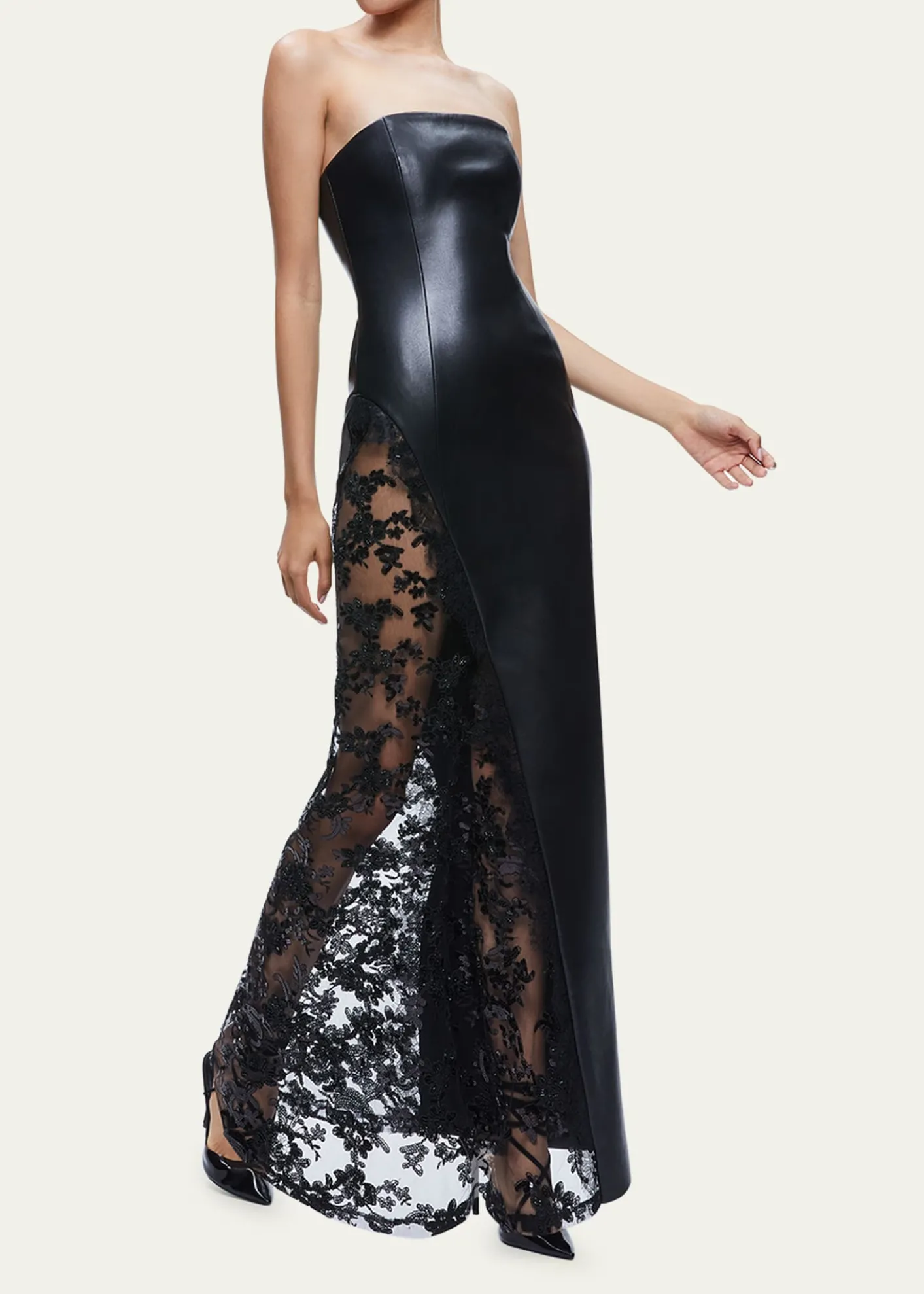 ALICE + OLIVIARetha Strapless Vegan Leather Lace Maxi Dress