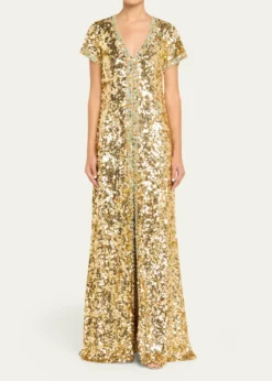 Atelier Prabal GurungVerushka Crystal Sequined Short-Sleeve Slit Gown