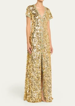 Atelier Prabal GurungVerushka Crystal Sequined Short-Sleeve Slit Gown